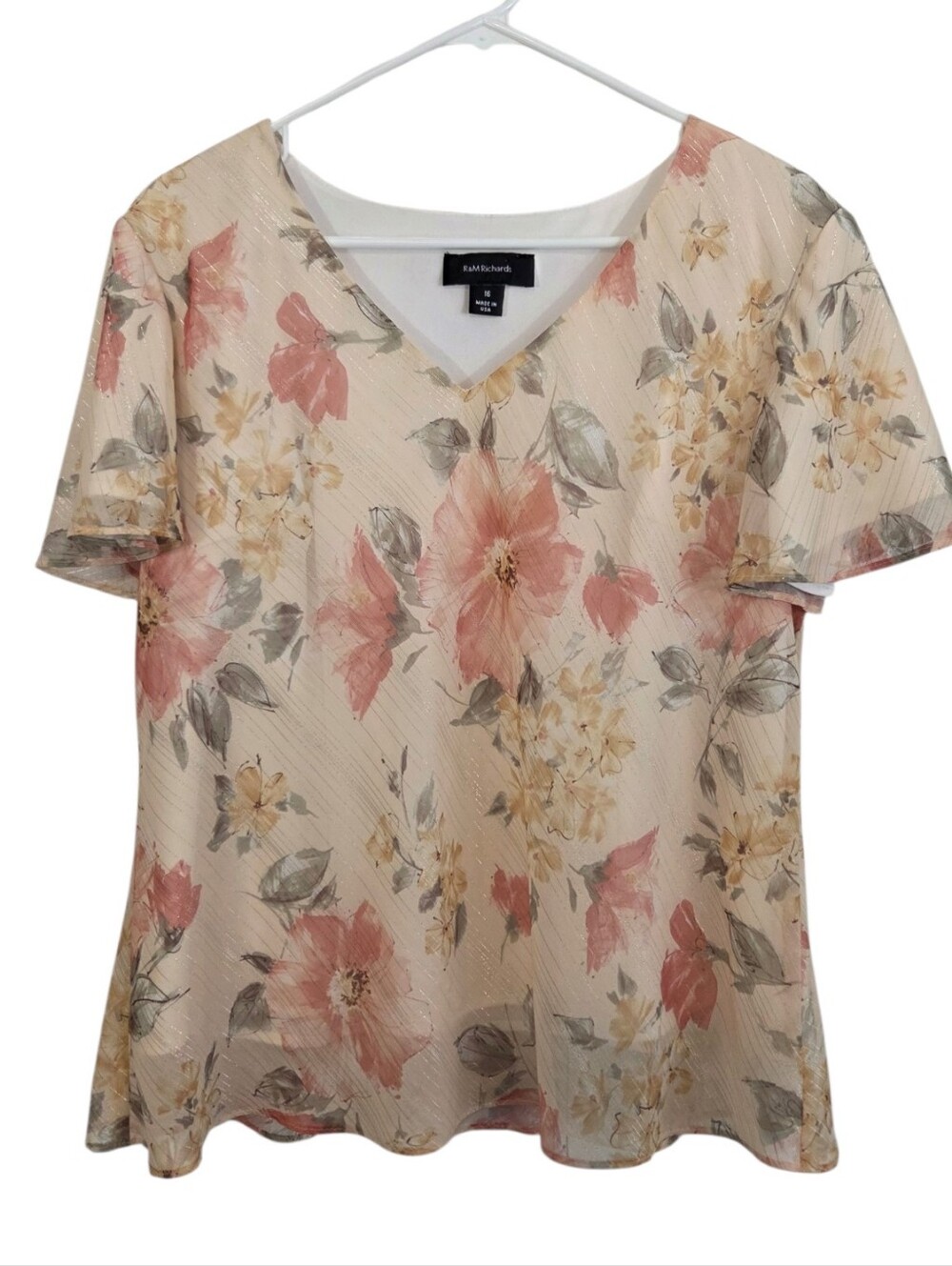 R&M Richards Semi-Sheer Floral V-Neck Short Sleeve Lined Blouse Size 16 Yellow